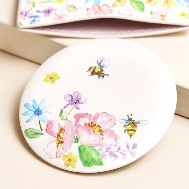 Pink Floral Bee Round Compact Mirror in Pouch