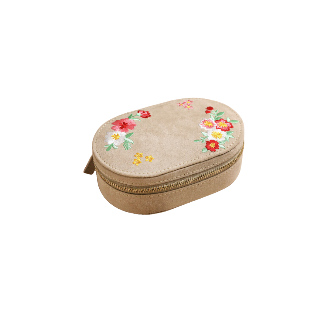 Embroidered Flowers Oval Velvet Jewelry Box