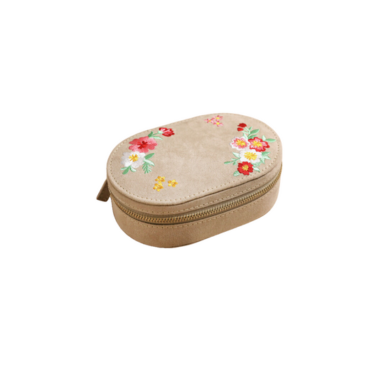 Embroidered Flowers Oval Velvet Jewelry Box