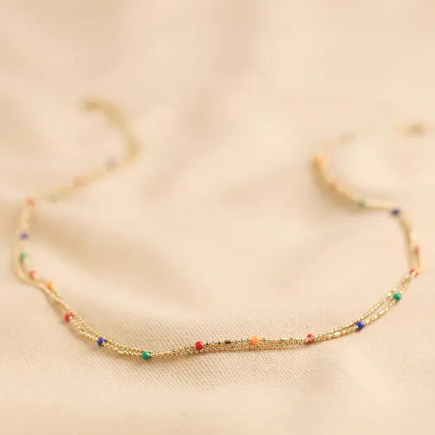 Rainbow Enamel Ball Chain Layered Necklace in Gold