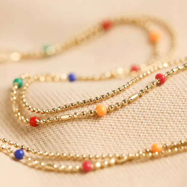 Rainbow Enamel Ball Chain Layered Necklace in Gold