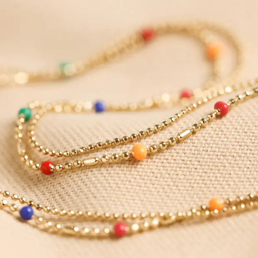 Rainbow Enamel Ball Chain Layered Necklace in Gold