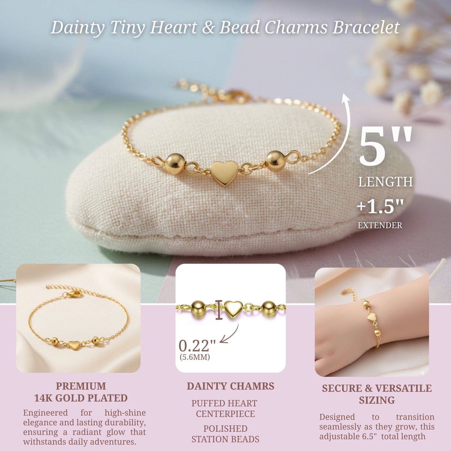 Kids Gold Plated Tiny Heart & Pearl Station Charm Bracelet