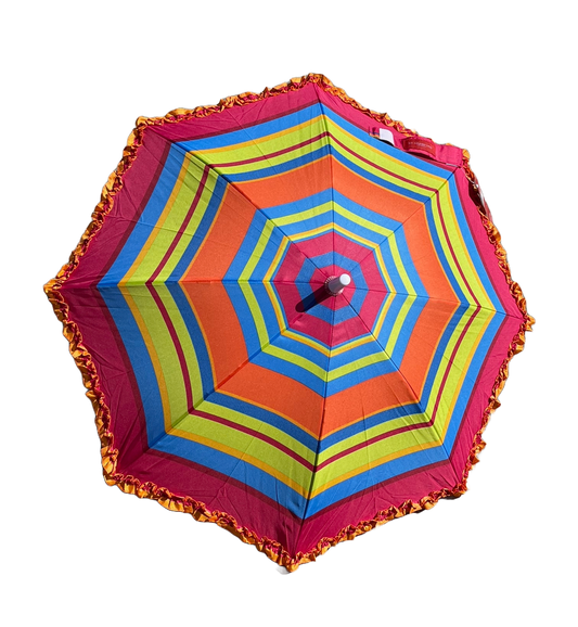 Rainbow Striped Umbrella with Ruffle Edge