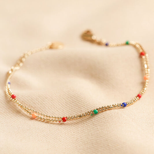 Rainbow Enamel Ball Chain Layered Bracelet in Gold