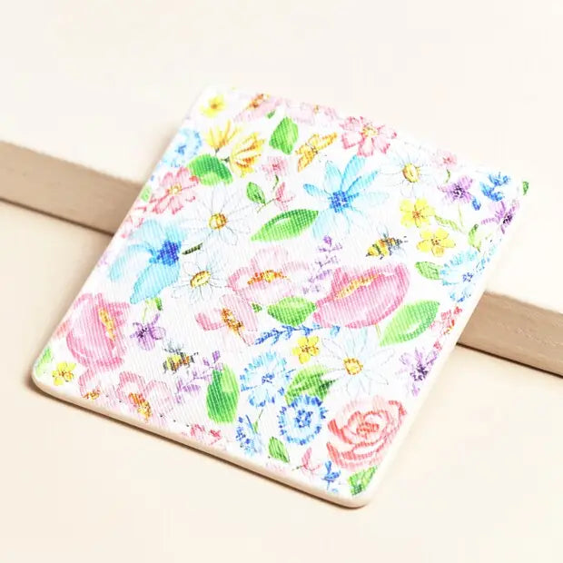 Pink Floral Bee Round Compact Mirror in Pouch