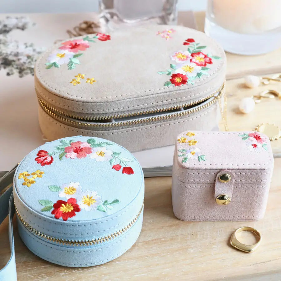 Embroidered Flowers Oval Velvet Jewelry Box