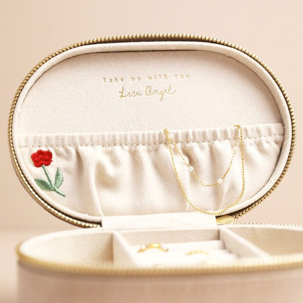 Embroidered Flowers Oval Velvet Jewelry Box